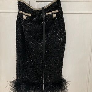 Lavish Alice Black Sequin Midi Skirt with Feather Hem
